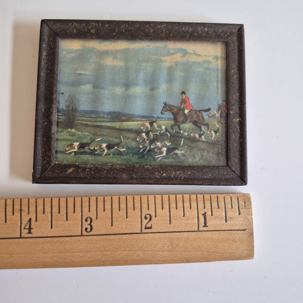 Vintage Hunting Scene Miniature Art in Metal Frame 'A Merry Chase'